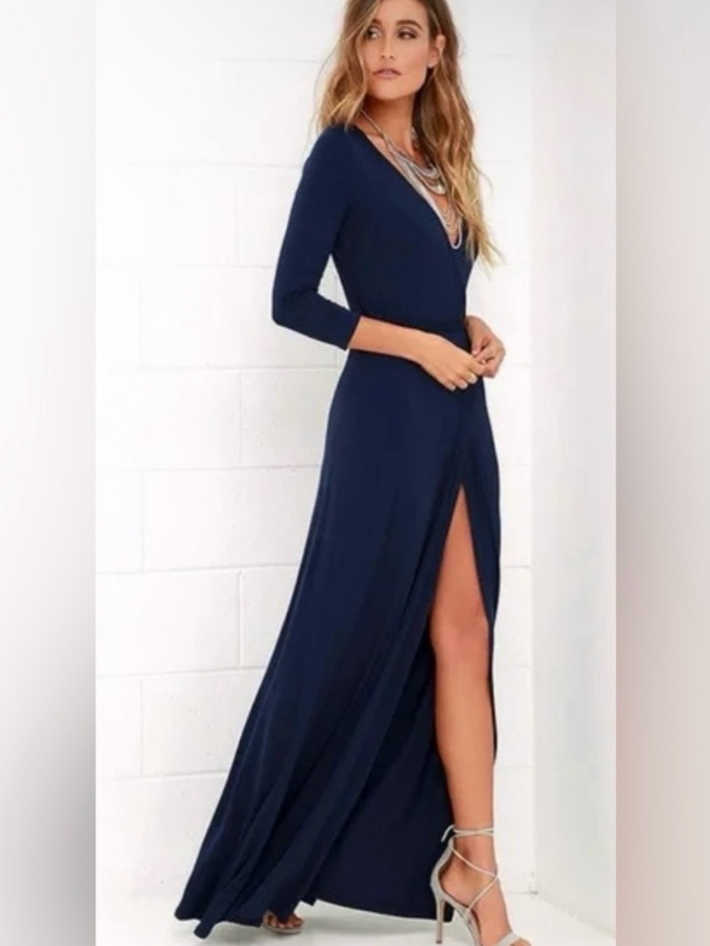 Lulu's 3/4 Sleeve Navy Blue Wrap Maxi Dress - Picture 2 of 5